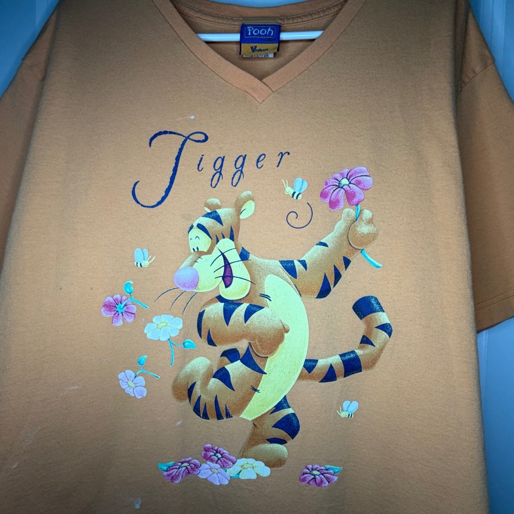 Vintage 90's Disney Tigger Pooh Orange V-Neck Double Sided T-Shirt‎ Womens 2XL